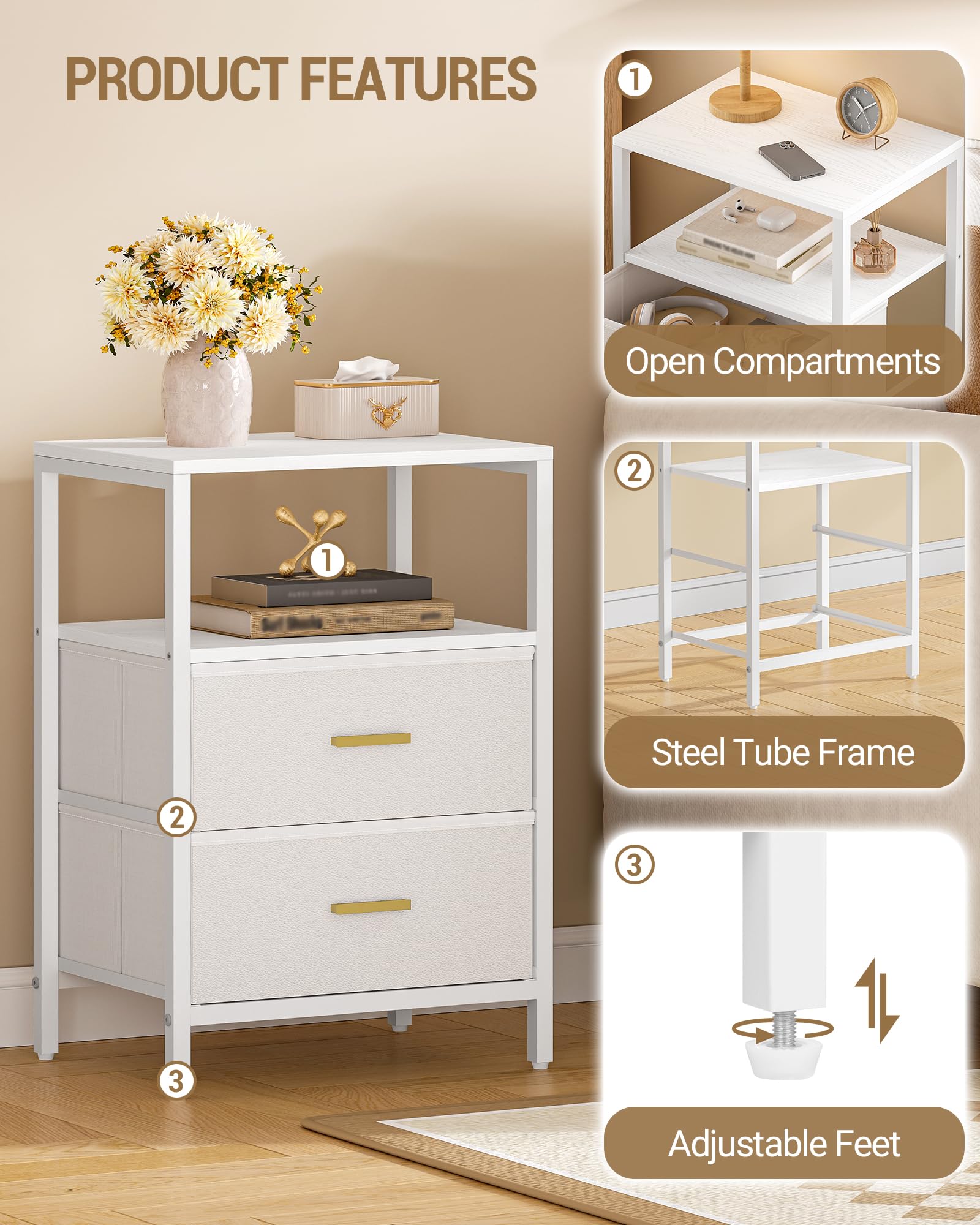 Hzuaneri Nachttisch 2er Set, Beistelltisch mit 2 Stoff-Schubladen und Regalen, Offenes Fach, Couchtisch, Nachtschrank Schlafzimmer, für Wohnzimmer, Schlafzimmer, Weiß NS30713W