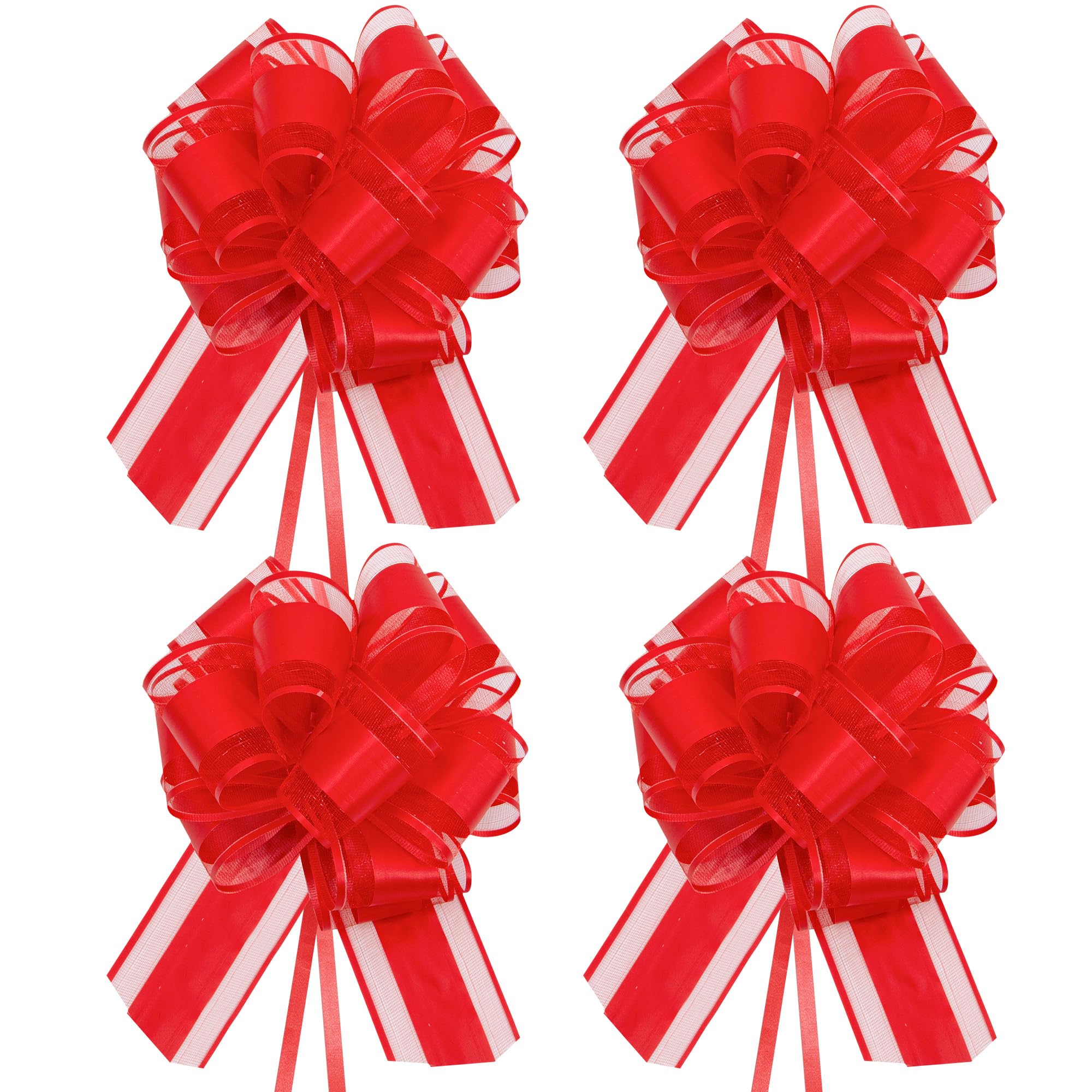 Time to Sparkle 4PCS Organza Pull Bows 17cm*22cm Gift Wrapping Bows Present with Ribbon Pull String for Christmas Baskets,Party Present,Holiday - Red