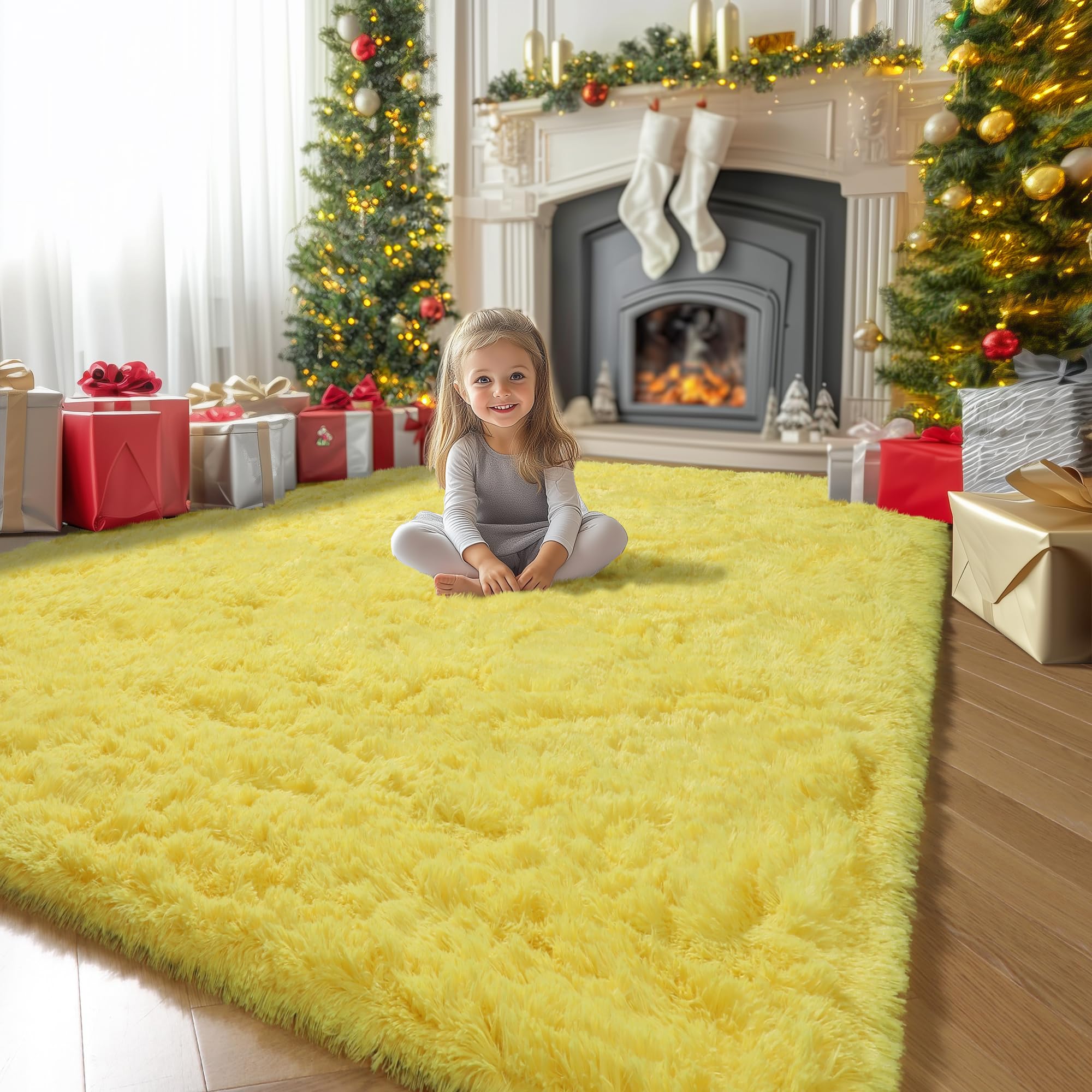 Amdrebio Yellow Area Rug for Bedroom Living Room, 5x7 Fluffy Fuzzy Plush Rugs for Kids Room Decor Aesthetic, Cute Furry Shag Kawaii Carpet for Playroom Classroom Nursery Teen Girls Boys Baby Toddler