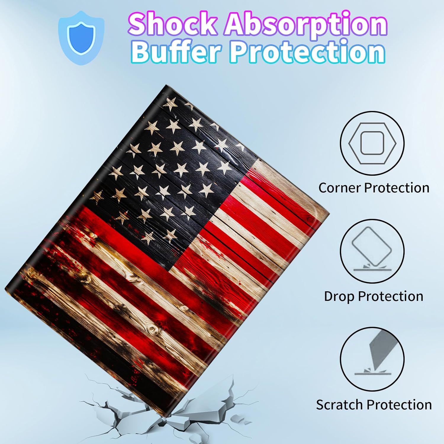for iPad 9.7 Case 6th/5th Generation Case for iPad Air/Air 2 Case with Detachable Wireless Keyboard & 360 Degree Rotating Stand Protect Cover Acrylic Tablet Case Cover - Wood American Flag