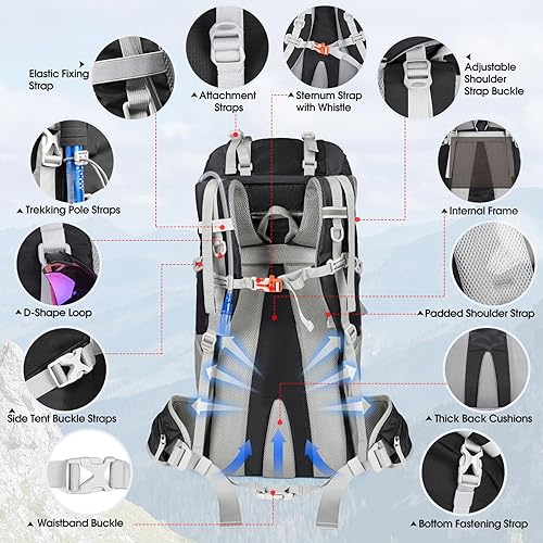 Miniatura 6 de IGOLUMON Mochila de senderismo de 60 litros impermeable mochila de camping con cubierta de lluvia, mochila grande y ligera para hombres y mujeres