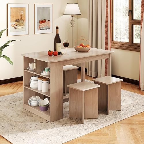 Miniatura 9 de Giantex Juego de mesa de comedor de 5 piezas para 4, juego de mesa de cocina con estante de almacenamiento lateral, 4 taburetes cuadrados, muebles