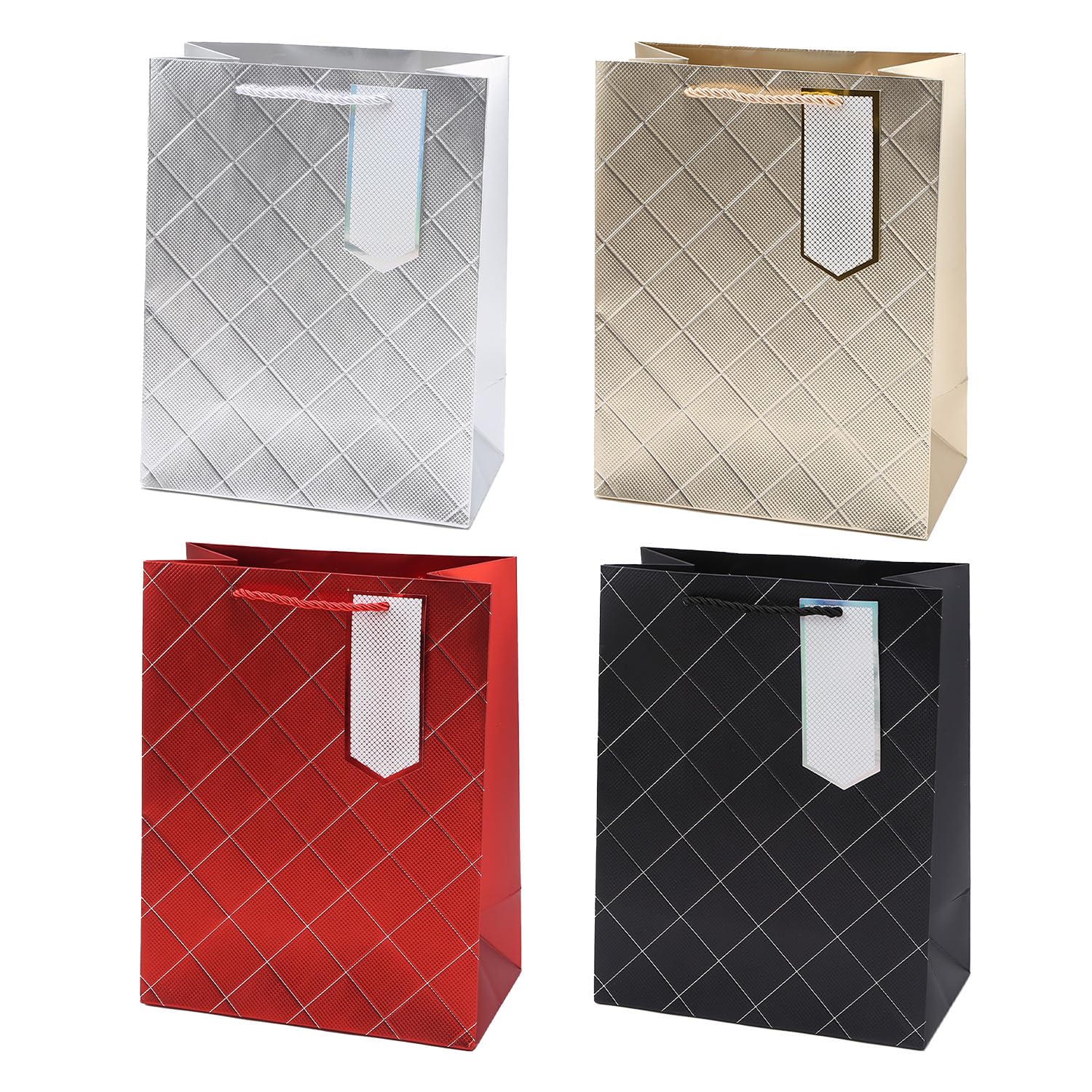 Gift Bags,4 Pack 12.6'' Metallic Paper Bag with Gift Tags for Men Women Birthday Mother‘s Day Father's Day Anniversary Wedding Christmas,Thanksgiving,Small Business...All Occation (Large)