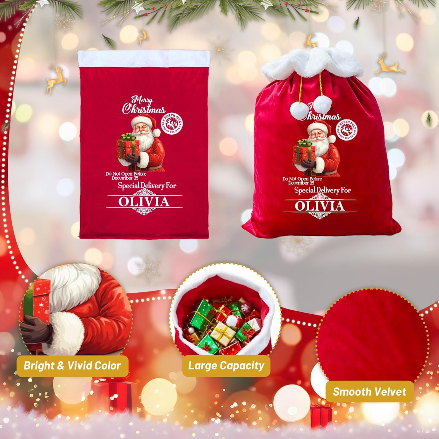 Artiglow Personalized Christmas Santa Sack, Custom Large Gift Bag with Name, for Xmas, Red Big Velvet Gift Wrapping Bags with Initial & Name For Kids Boys Girls, 27.6x19.7 Inches, Santa-3 - Image 3