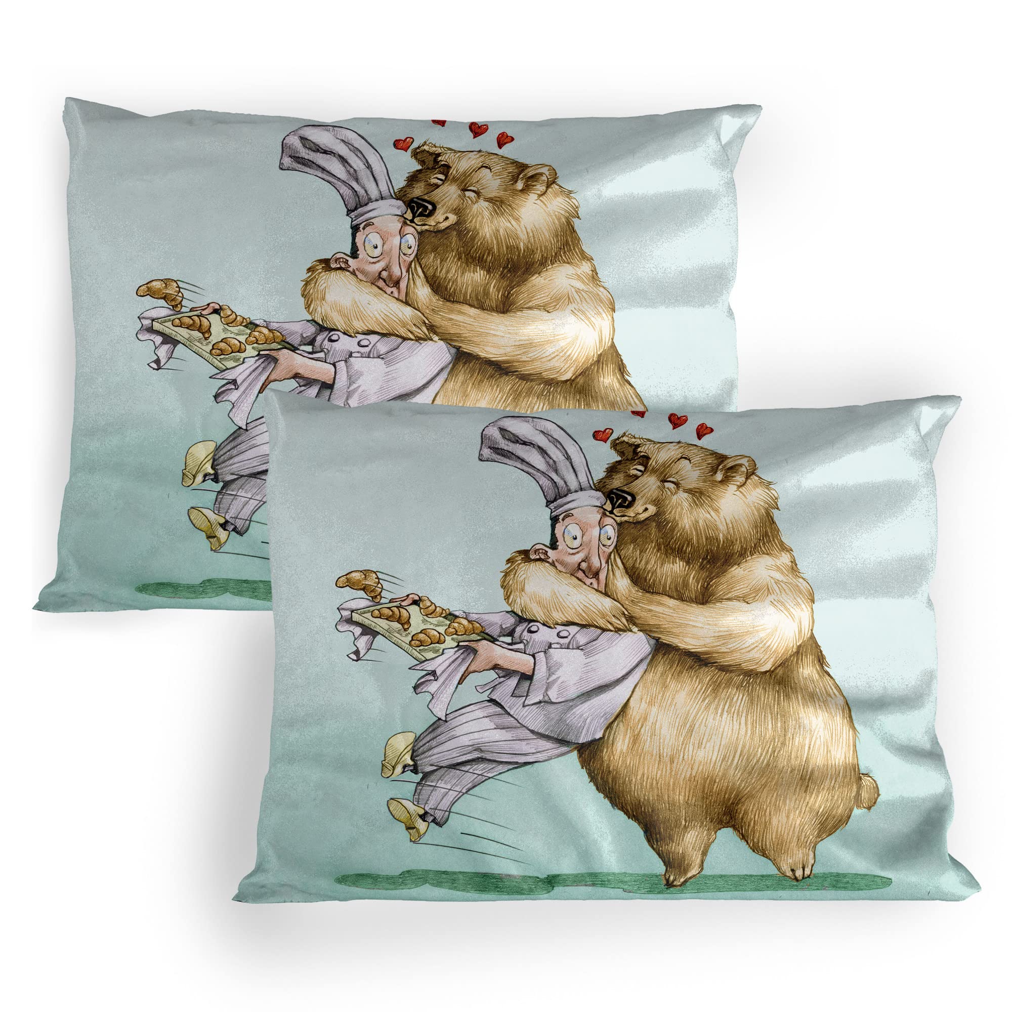 Lunarable Cartoon Pillow Sham Set of 2, Big Bear Fully Hugs The Pastry Animal Love Humor Satire Romance Theme, Quality Microfiber Bedding Item for All Seasons, 36