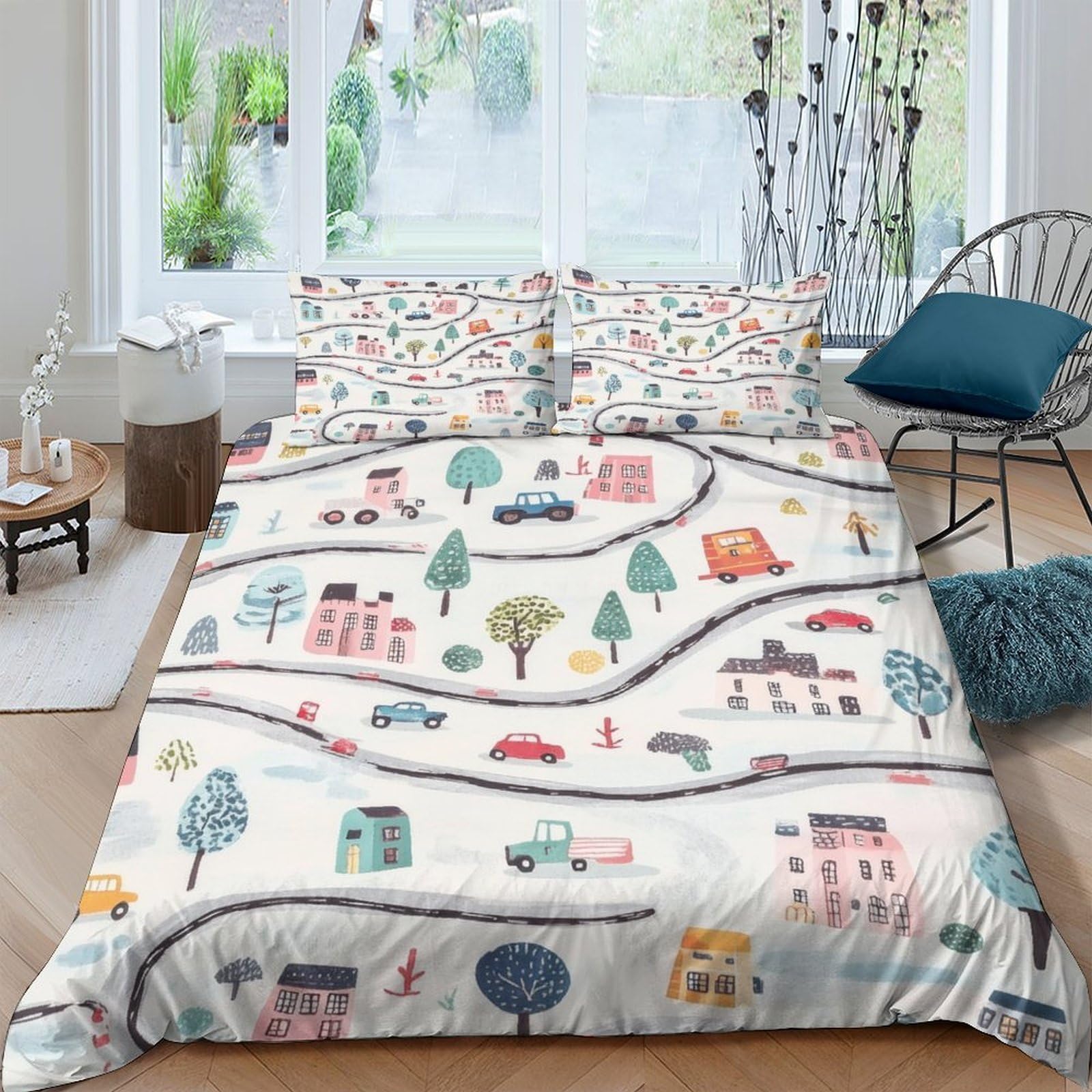 Ctjqhvkz Style-9 3D Printed Cartoon Town Fitted Sheet Microfiber Soft Breathable Road Map Bed Cover For Bedroom Guest Room Decor Single（135X200cm）