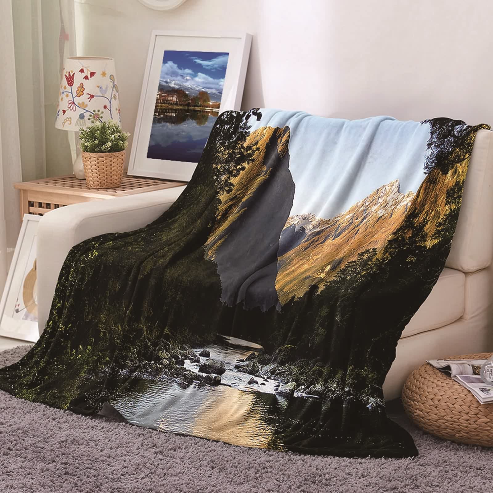 Couverture plaid flannel motif rivière de montagne KnSam 180x200