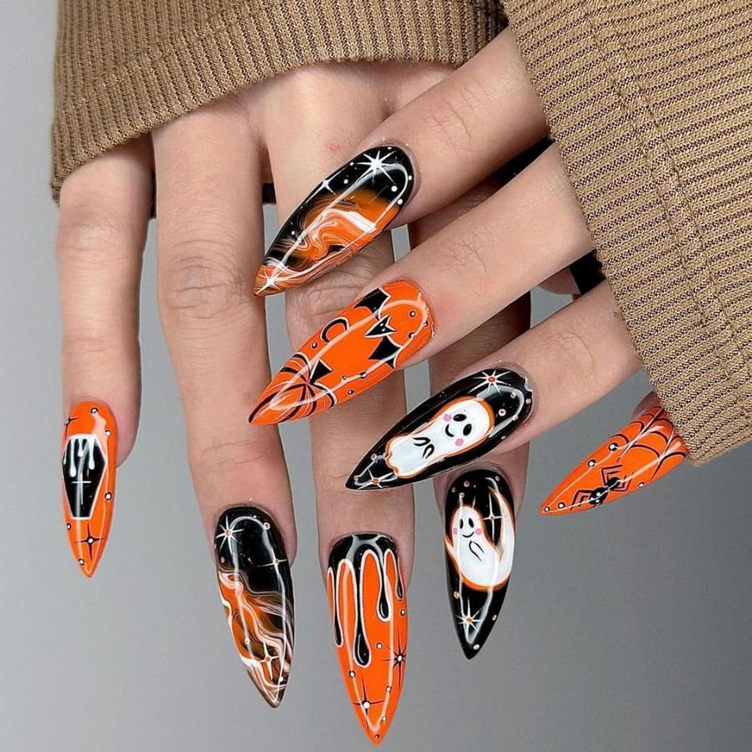 halloween press on nails long almond fake nails false nails with ghost pumpkin spider web designs orange black stick on nail full cover glossy glue on nail for women girls 24pcs style11