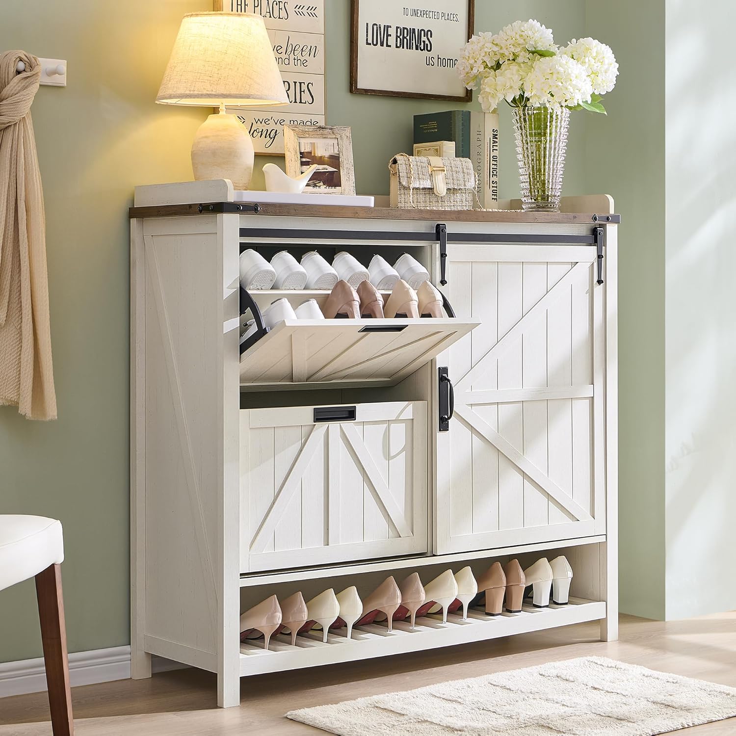 OKD Shoe Cabinet with flip drawers open, showing shoes stored inside