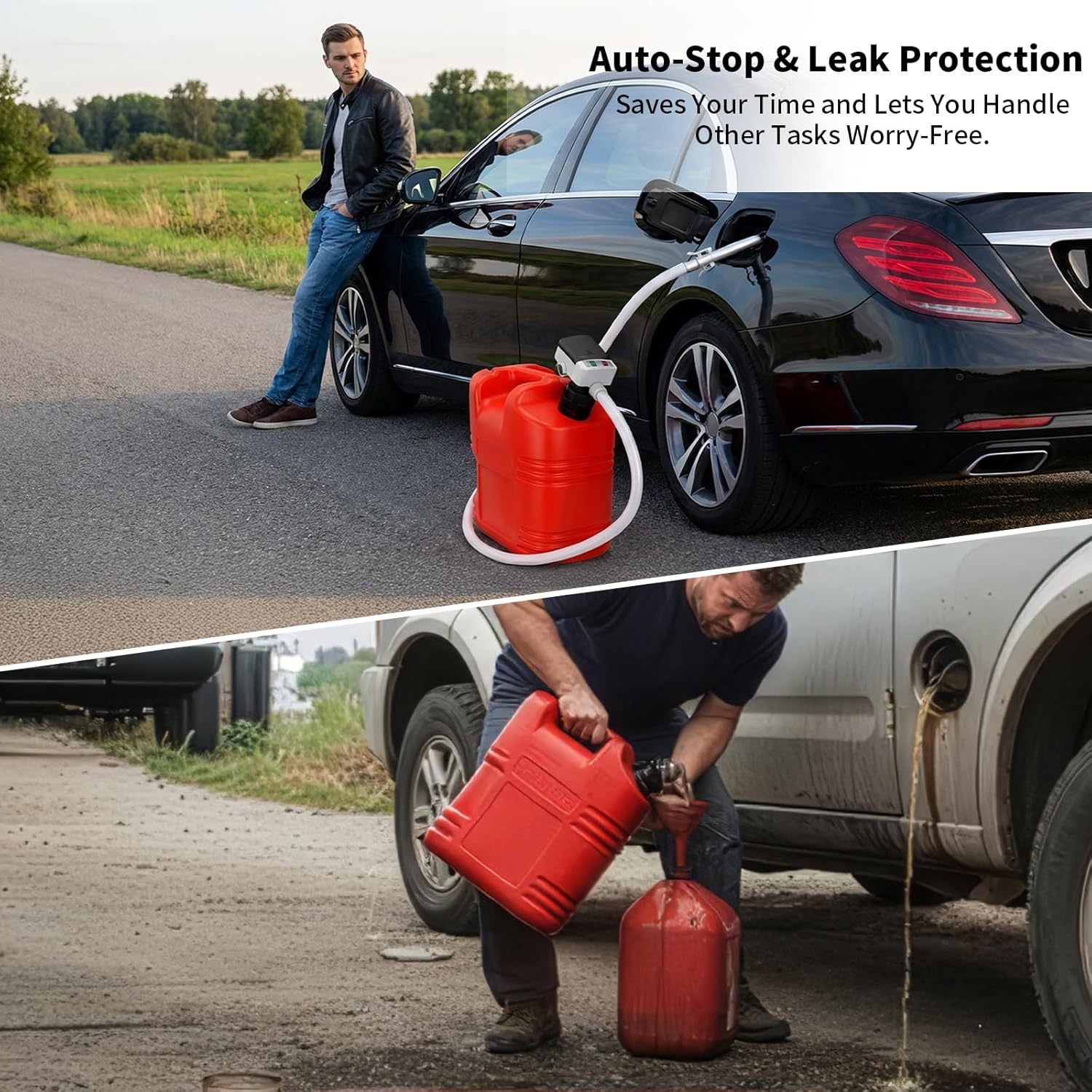 Fuel Transfer Pump for Gas Cans & Racing Jugs, Portable Electric Gasoline Siphon Pump with Long No-Kink Hose, Auto-Stop, LED Light, Multi-Liquid Compatible, 3.2 GPM Flow. (Black)