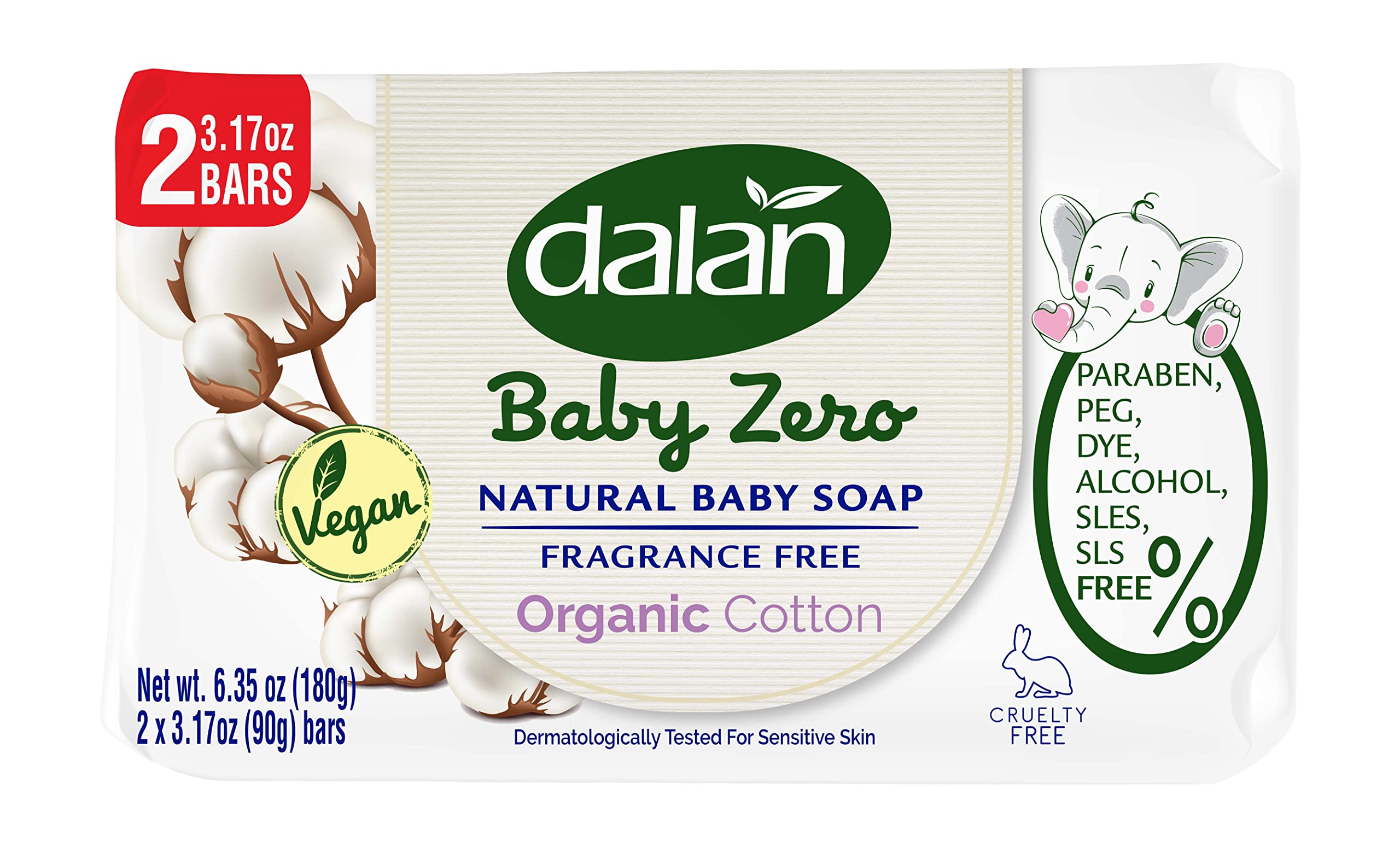 Dalan Baby Zero Natural Baby Soap Bar 3.17oz (6 Pack) - Paraben, PEG, DYE, Alcohol, SLES, SLS FREE (Organic Cotton, 6 Pack)