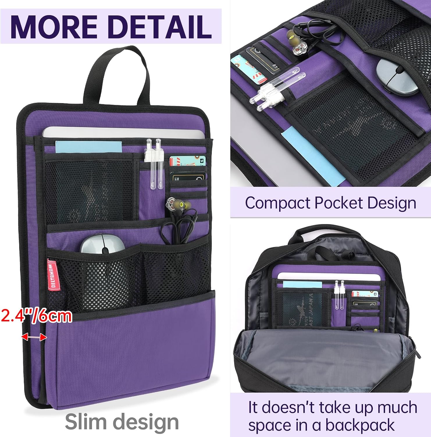 Slim Rugged Backpack Organizer Insert for Business Casual Men Women -13 Pockets,Padded Nylon,Max 14'' laptop - Purple