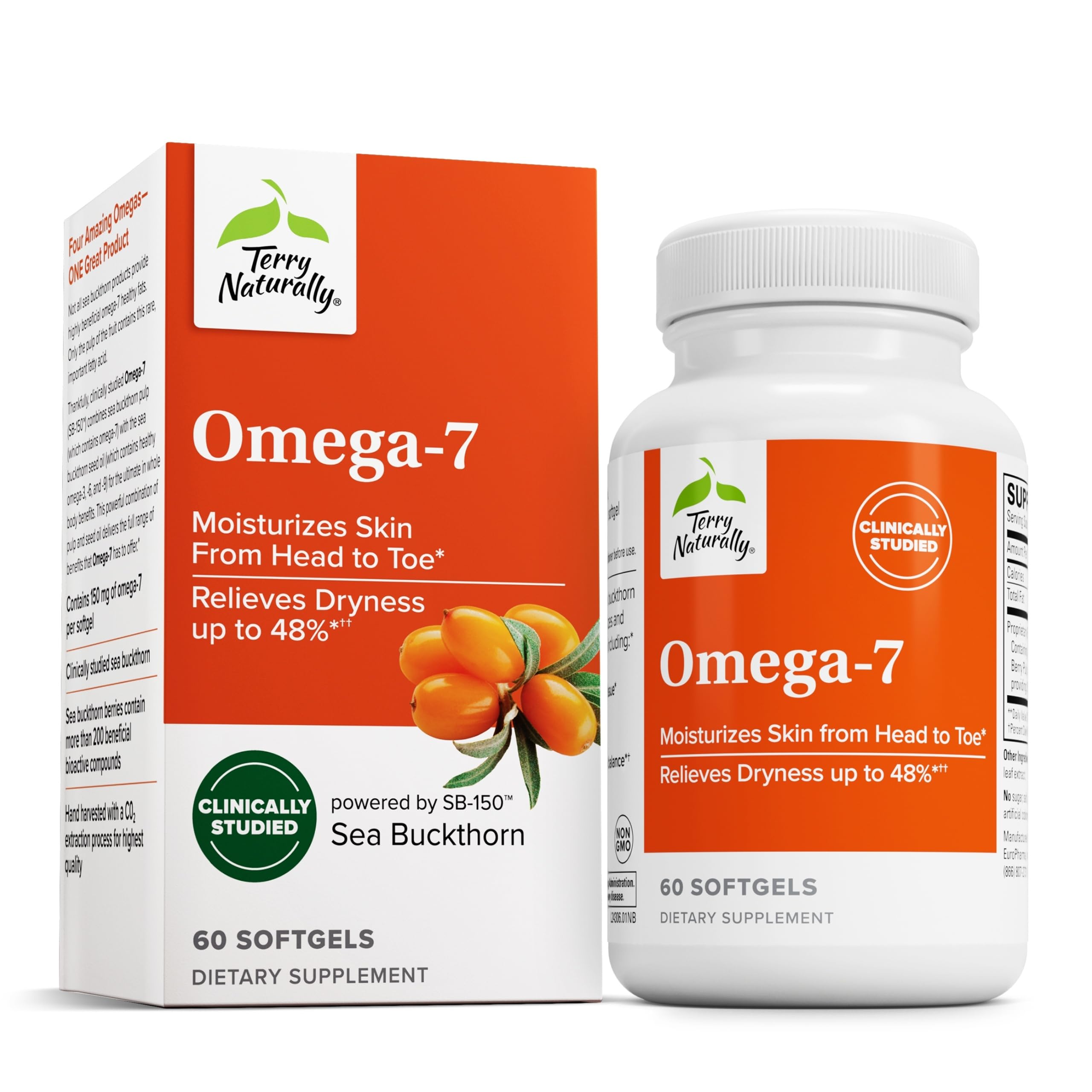 Terry Naturally Omega-7 - Dietary Supplement with Essential Fatty Acids - Nutritional Supplement to Support Skin Health with Sea Buckthorn, Berry Pulp & Seed Oil - 60 Softgels