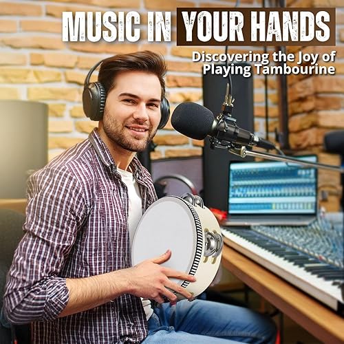 Miniatura 76 de Flexzion Pandereta redonda de madera para niños y adultos de 10 pulgadas de una sola fila, 8 pares de jingles, instrumento de percusión de mano rojo