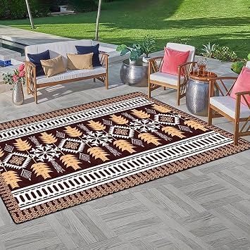 Wowfeel Geometric Outdoor Rug Waterproof 2.5x4.6 ft,Boho Patio Rug RV Camping Rug,Brown Non-Slip Floor Mat for Living Room Bedroom Kitchen Decor,Area Rug for Balcony Picnic Beach Deck