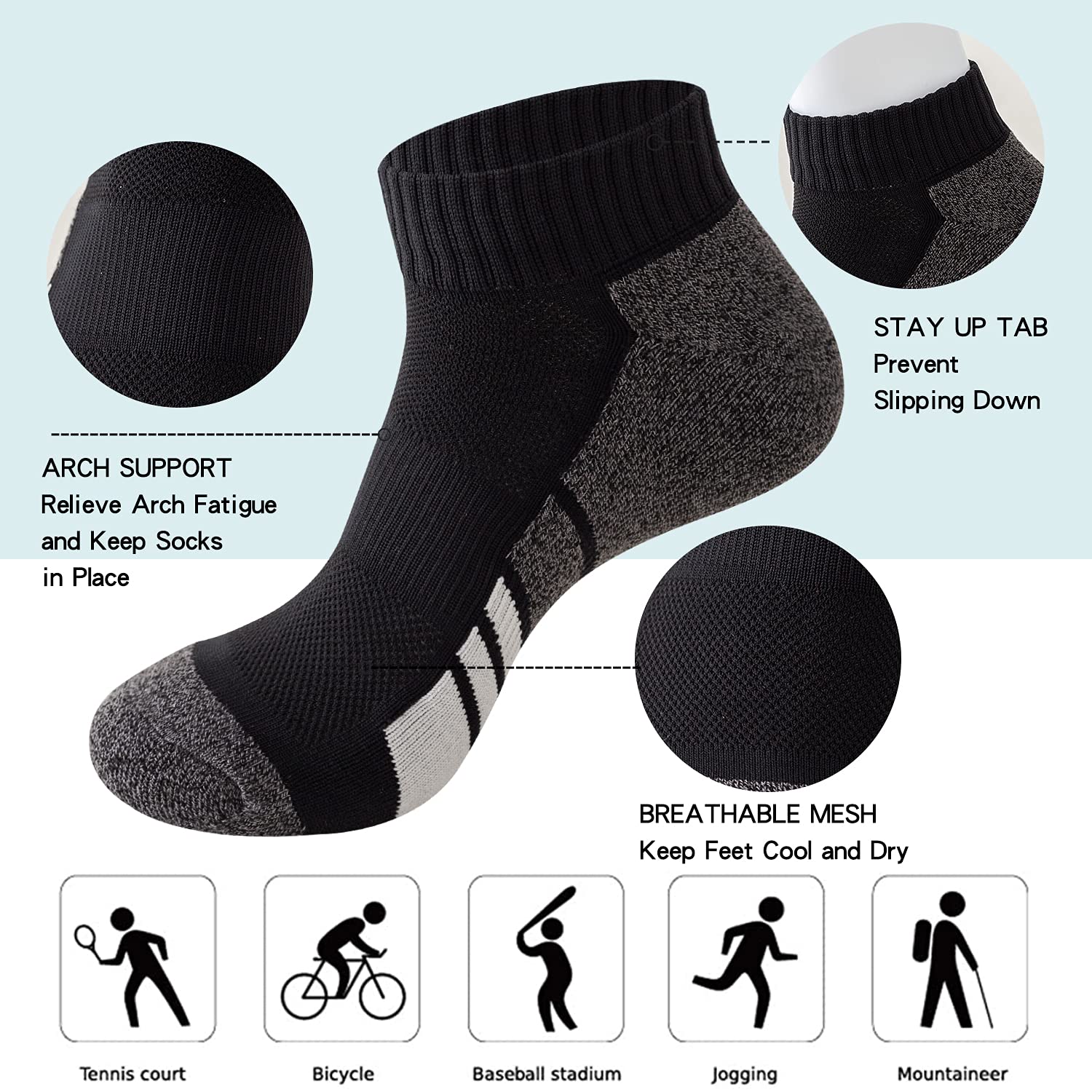Sock Amazing 6 pares de calcetines de tobillo negros acolchados para hombre, calcetines deportivos de corte bajo, calcetines atléticos para escalada, correr, ciclismo, estaño