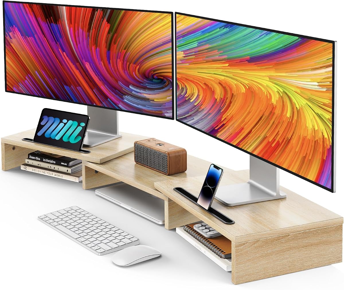 Dual Monitor Stand Riser- 3 Shelf Screen Stand with Adjustable Length and Angle, 2 Extra Functional Slot Desktop Organizer Stand for PC, Computer, Laptop (Light Wood)
