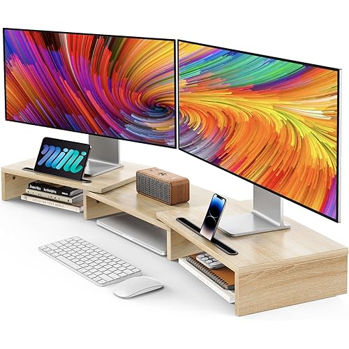 AMERIERGO Dual Monitor Stand Riser- 3 Shelf Screen Stand with Adjustable Length and Angle, 2 Extra Functional Slot Desktop Organizer Stand for PC, Computer, Laptop (Light Wood)