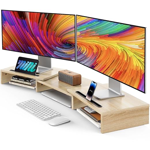 AMERIERGO Dual Monitor Stand -Adjustable Length and Angle Dual Monitor Riser, Computer Monitor Stand w/2 Slot, Desktop Organizer, Monitor Stand Riser for PC, Computer, Laptop (Wood)