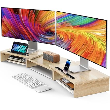 AMERIERGO Dual Monitor Stand Riser- 3 Shelf Screen Stand with Adjustable Length and Angle, 2 Extra Functional Slot Desktop Organizer Stand for PC, Computer, Laptop(Light Wood)