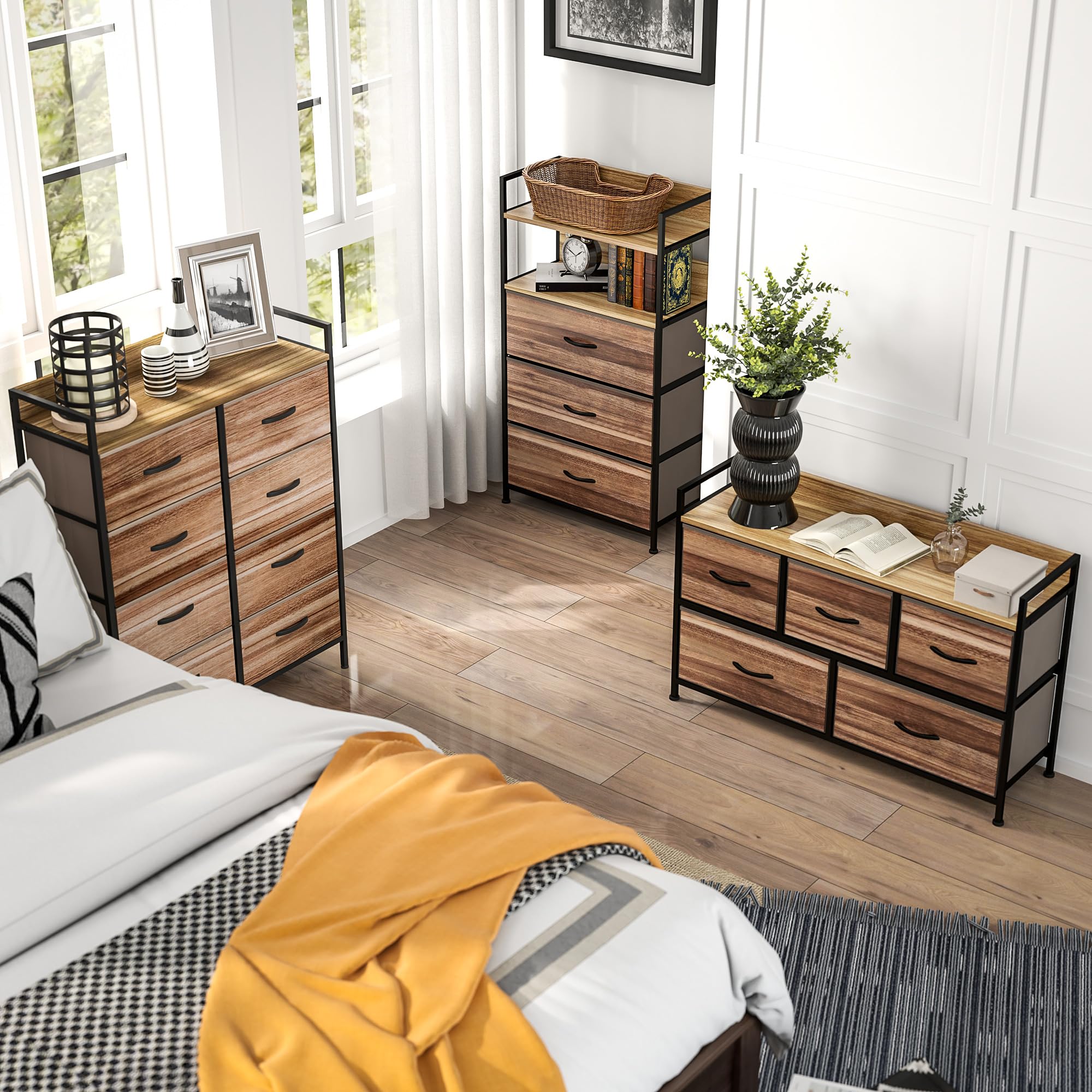 HOMCOM Meuble de Rangement Commode chiffonnier 8 tiroirs en Tissu Amovibles, étagère supérieure et Cadre Acier Style Industriel, 79L x 29l x 101H cm chêne et Noir