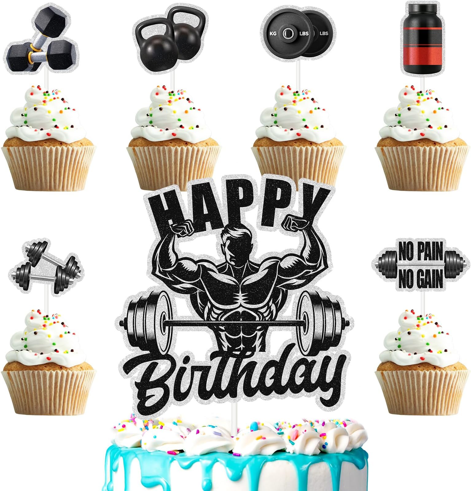 Bodybuilding Cake Topper Men Boys Happy Birthday Kettlebell/Barbell/Dumbbell/Weightlifting 7-piece Set Decoration, Fitness Enthusiast Birthday Party, Gym Party Bicep Decoration Supplies.
