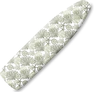 Extra Thick Ironing Board Cover and Pad, Coastal Summer Beach Coral Starfish 15x54 Ironing Board Cover, Resist Scorching and Staining,Elastic Edges,Seaside Conch Nautical Green White