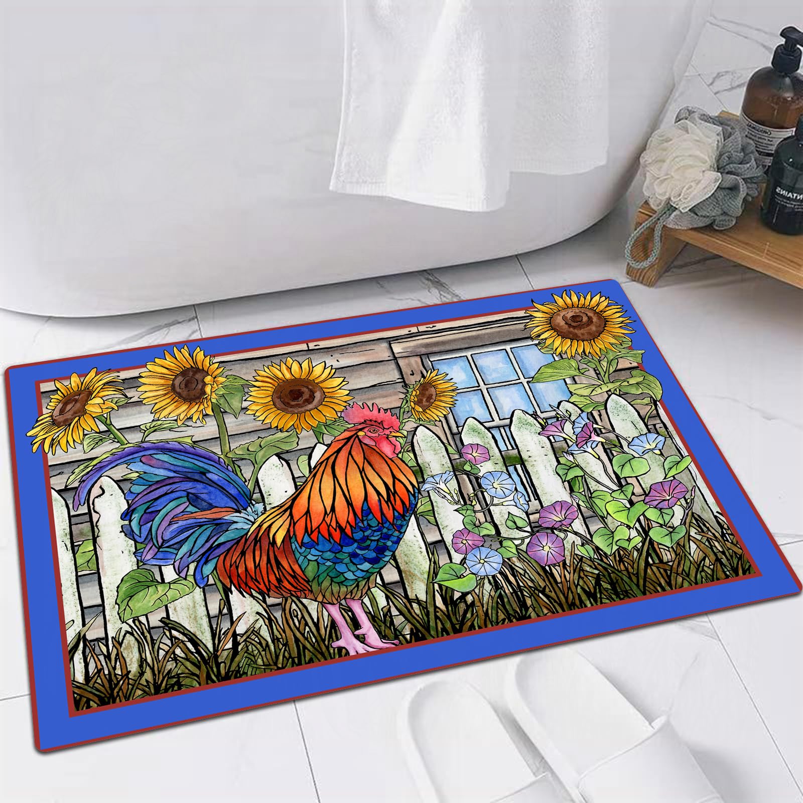 EMFSLA Bath Mat 24x35 in,Rooster Rooster and Sunflower Farm Rustic Wooden House,Non-Slip Bathroom Mat Machine-Washable,Ultra Soft and Water Absorbent Bath Rug for Bathroom