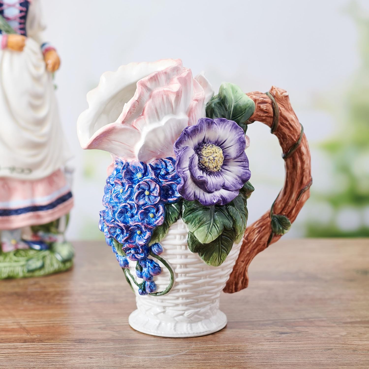 Fitz and Floyd Jardin Floral Bouquet Pitcher Vase Decorative, 9.5 Inch High