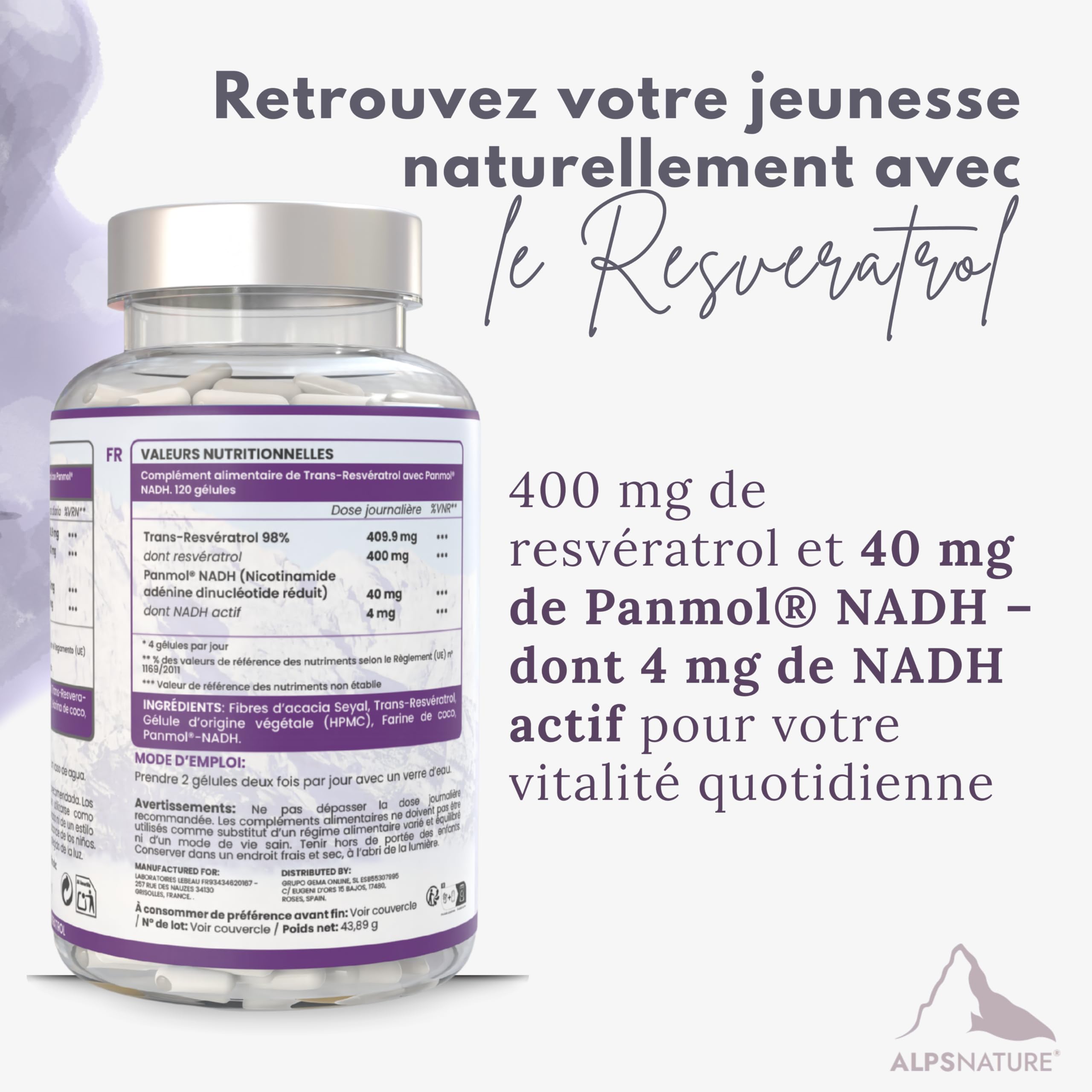 NADH 40mg Panmol Breveté + Trans-Resvératrol 98% Pur – Énergie Cellulaire & Haute Biodisponibilité – 120 Gélules Végétalien & Sans Gluten - Fabriqué en France & testé en laboratoire