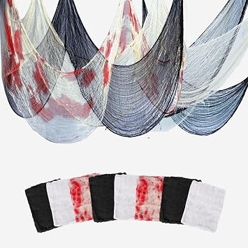 Sunlisky Halloween Creepy Cloth 8 Pack 3 Black, 3 White, 2 Blood Red, 76"" x 30"" Cotton Gauze Fabric, Cobwebs, Ghost Costume Sheets, Bloody Decorations, Indoor Outdoor Halloween Party Decorations