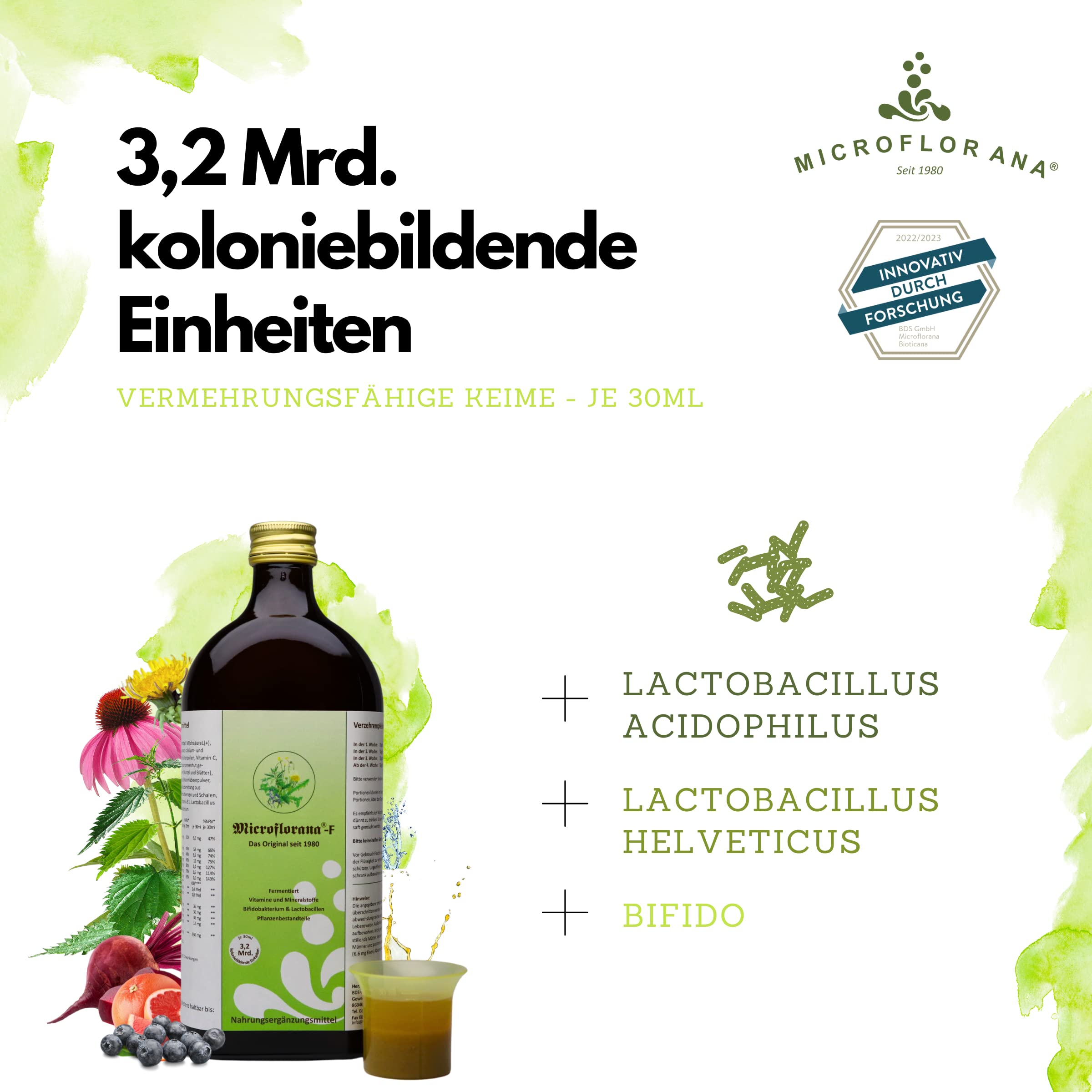F - Probiotika - Darmsanierung - Ansiedlungsfähige Bakterienstämme - Vitamine und Mineralstoffe - inkl. Dosierhilfe - Pflanzenbestandteile - Probiotika flüssig - Seit 1980-500 ml
