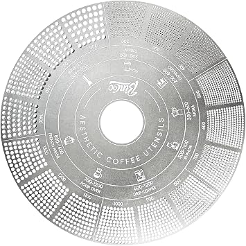 Professional Coffee Grind Size Chart 304 Stainless Steel Laser-Engraved Reference Card for 8 Brewing Methods 16-Level Comparison Guide Silver, 10cm*10cm