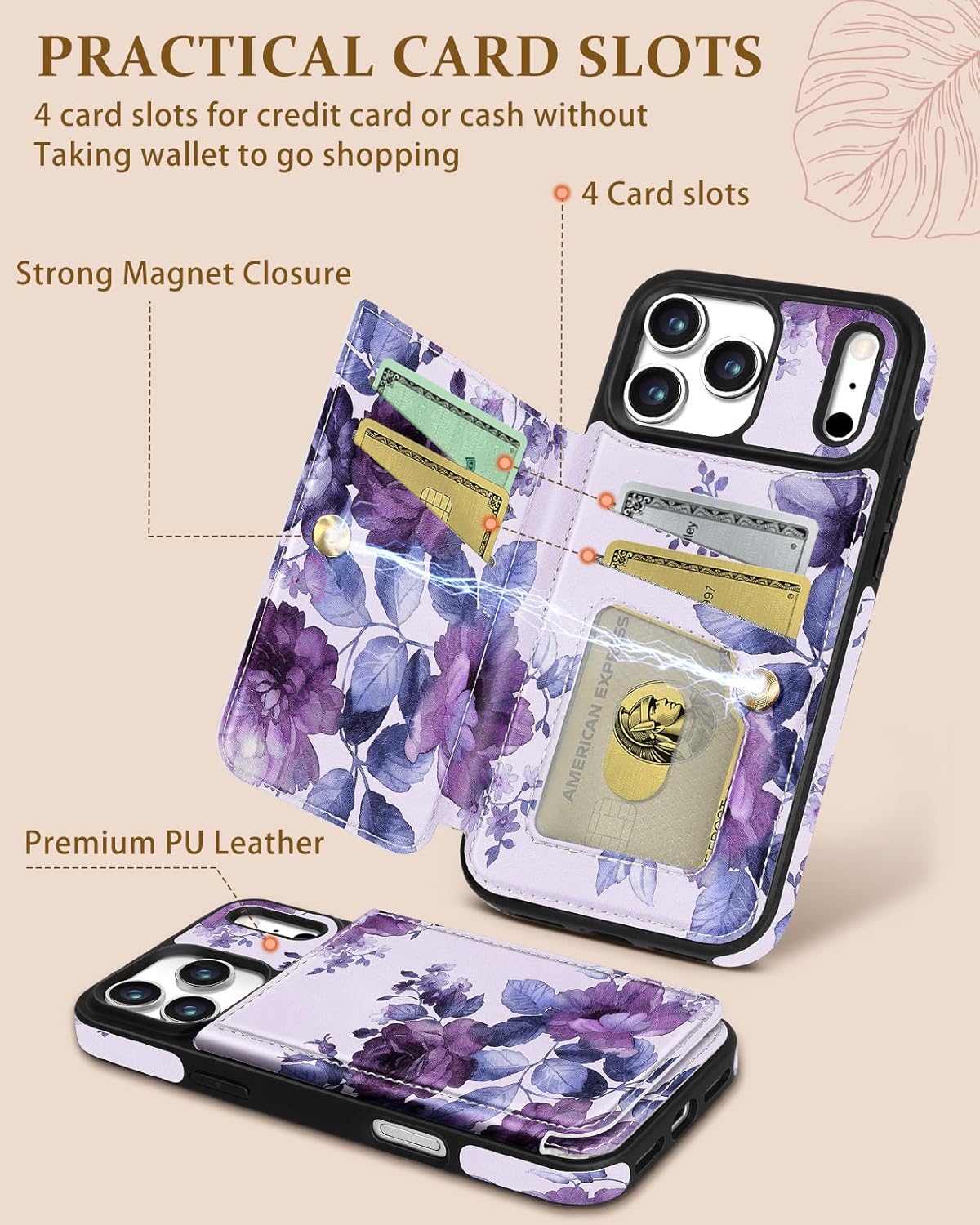 Shorogyt Compatible with iPhone 17 Pro Wallet Case with Card Holder - Cute Purple Flower Design Kickstand for Magnetic Clasp Back Flip Folio Leather Phone Covers for Women Men Girls - Image 3