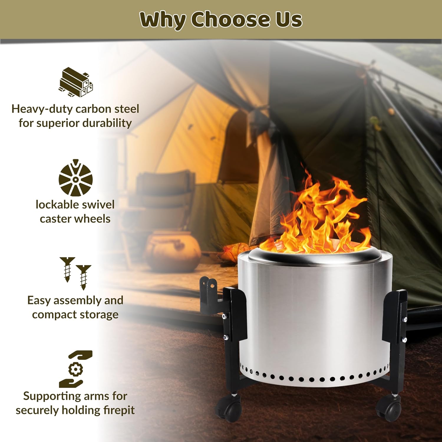 FEBTECH -22 inch Portable Firepit Trolley Stand Compatible with Solo Stove Bonfire and Other 19.5 Inch Firepit - Fire Pit Stand with Support Arm for Effortless Mobility- Solo Stove Accessories