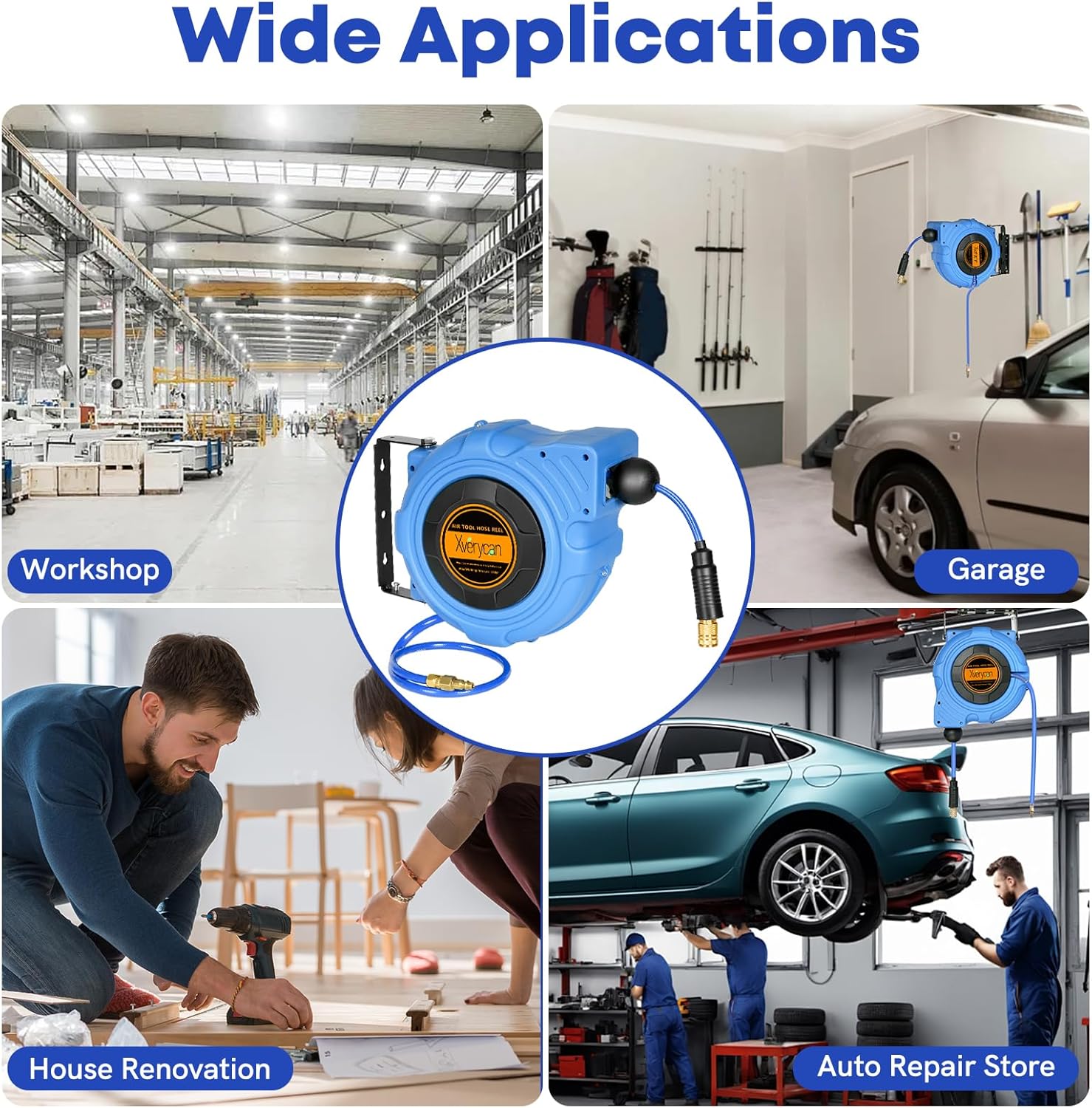 Xverycan Air Hose Reel Retractable, 3/8 in x 50 Ft Hybrid Hose Air Compression Hose Reel with 3.3 Ft Lead, Max 300 PSI, Wall Mount/Ceiling Lockable & Automatic Rewind Hose Reel with 180°Swivel Bracket