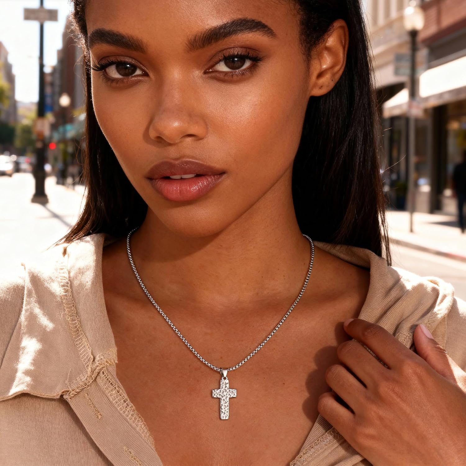 ALEXCRAFT 925 Sterling Silver Plated Stainless Steel Cross Necklace Hypoallergenic 18K Gold Dainty Hammered Crucifix Pendant with Box Chain Necklace for Women Men Cross Jewelry 22+2 Inches Chains - Image 6