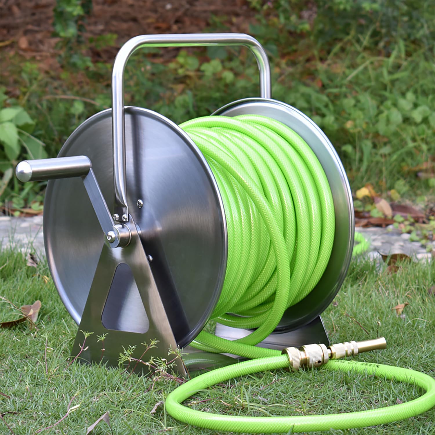 Carrete de manguera de jardín de acero inoxidable, carrete de manguera de metal profesional con manivela de mango y tuberías de agua, durabilidad excepcional y varios modos de salida de agua