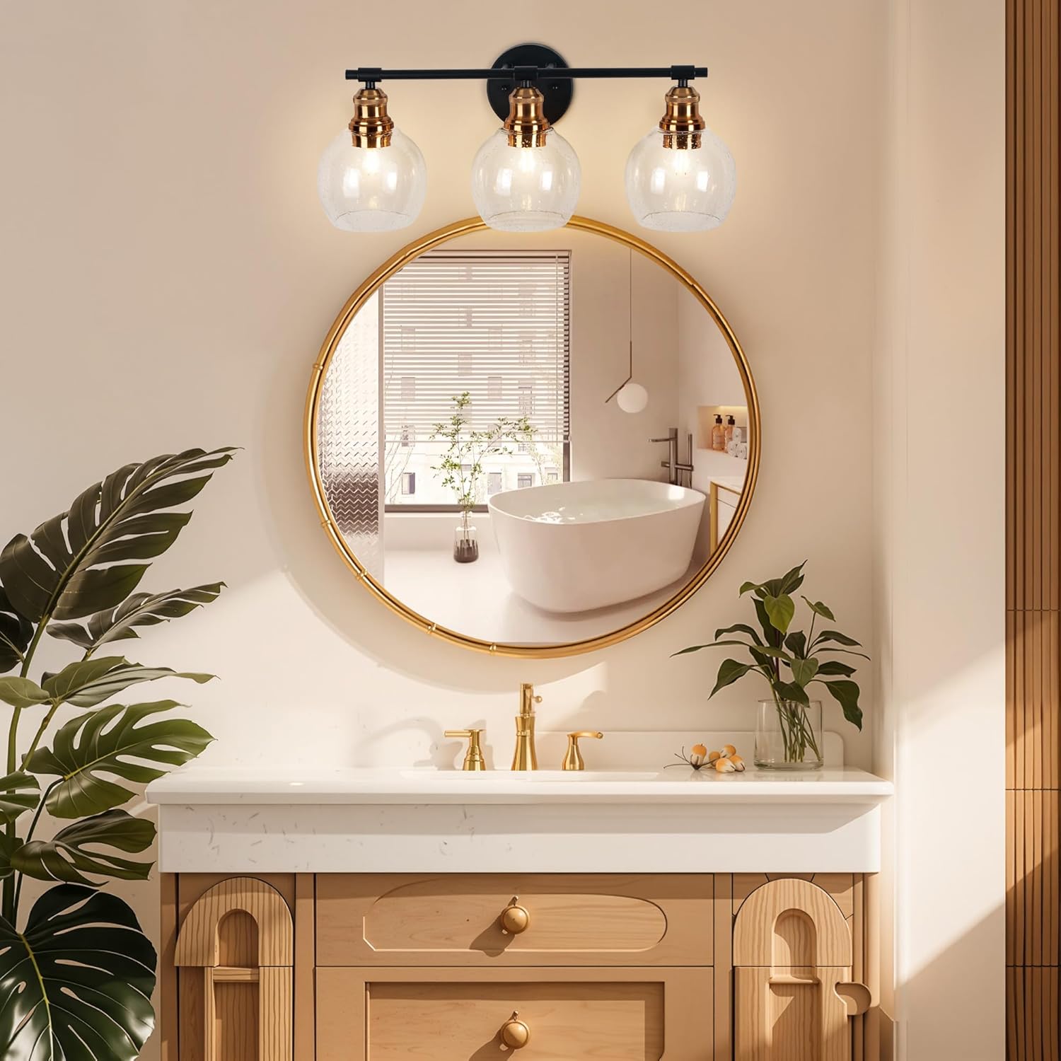 3 Light Bathroom Vanity Light, Black and Gold Bathroom Light Fixtures, Sconces Wall Lighting with Seeded Glass Shade, Modern Brushed Gold Vanity Lights for Bathroom, Bedroom, Hallway