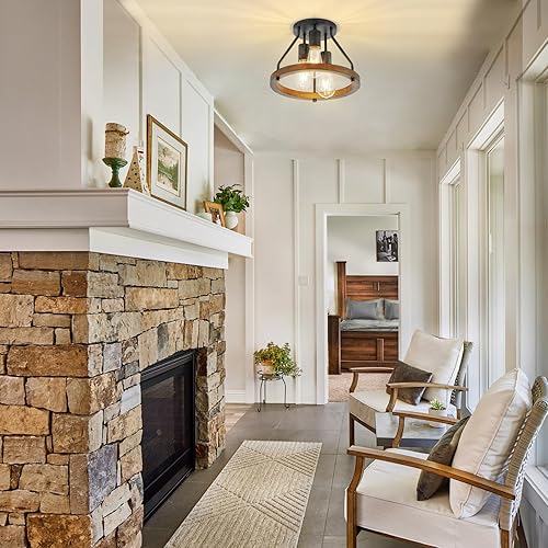 Miniatura 7 de Lámpara de techo industrial retro de montaje empotrado con pantalla circular de madera, 3 luces, luz de techo negra rústica para pasillo, entrada,