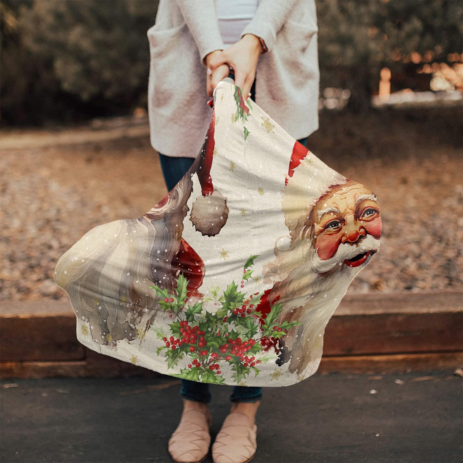 Nursing Cover for Breastfeeding Scarf, Christmas Santa Claus Snowflake Berries Retro Beige Baby Car Covers Super Soft Multi Use for Canopy Shopping Cart Cover Blanket Stroller Cover