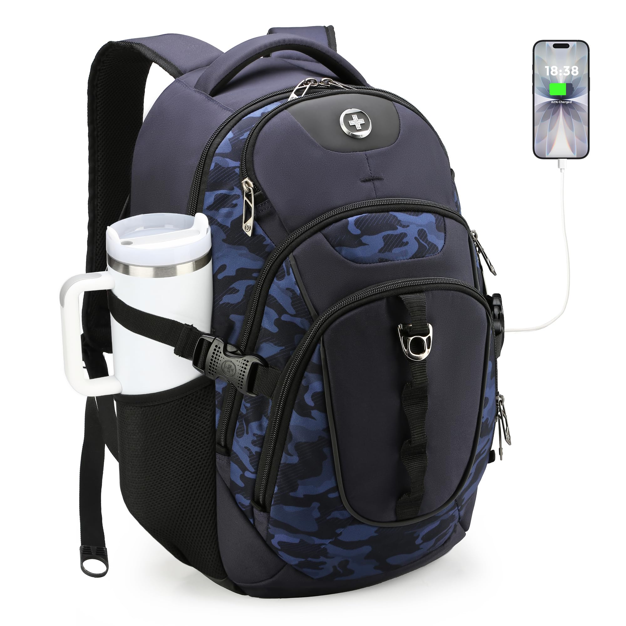 Swissdigital Design Laptop Backpack with USB Charging Port, Travel Backpack Fits 15.6 inches Computer, 31L College School Backpack for Men, Blue Camo