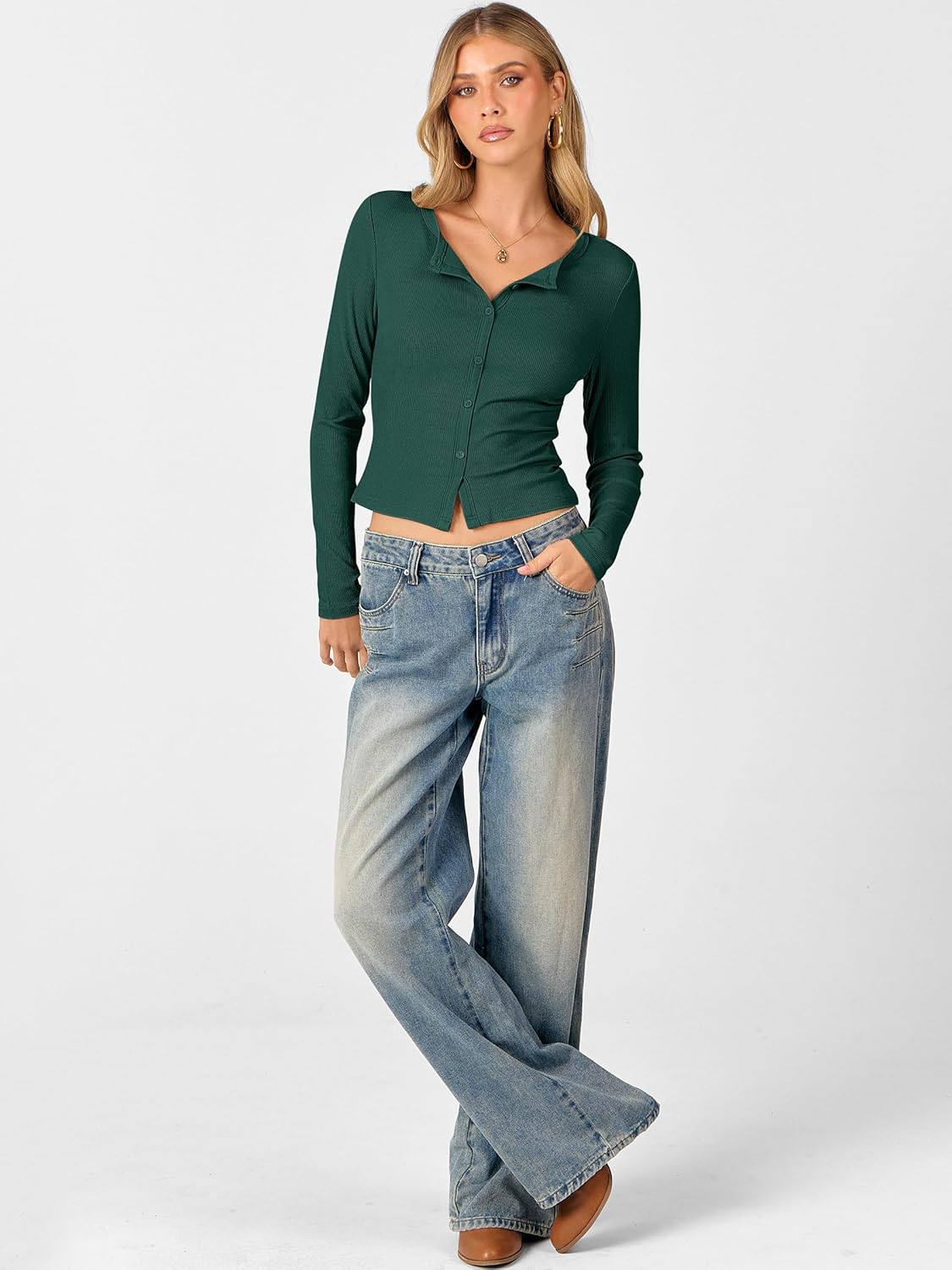 ANRABESS Women Long Sleeve Button Down Shirts Ribbed Knit Slim Fitted Crop Tops 2026 Fall Y2K Dressy Casual Trendy Outfits - Image 7