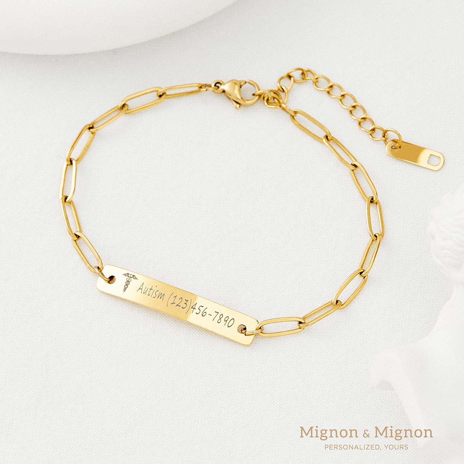 MignonandMignon Medical ID Bracelet for Women Personalized Alert Engraved Diabetic Autism Awareness Custom Paperclip Chain Jewelry Prescription