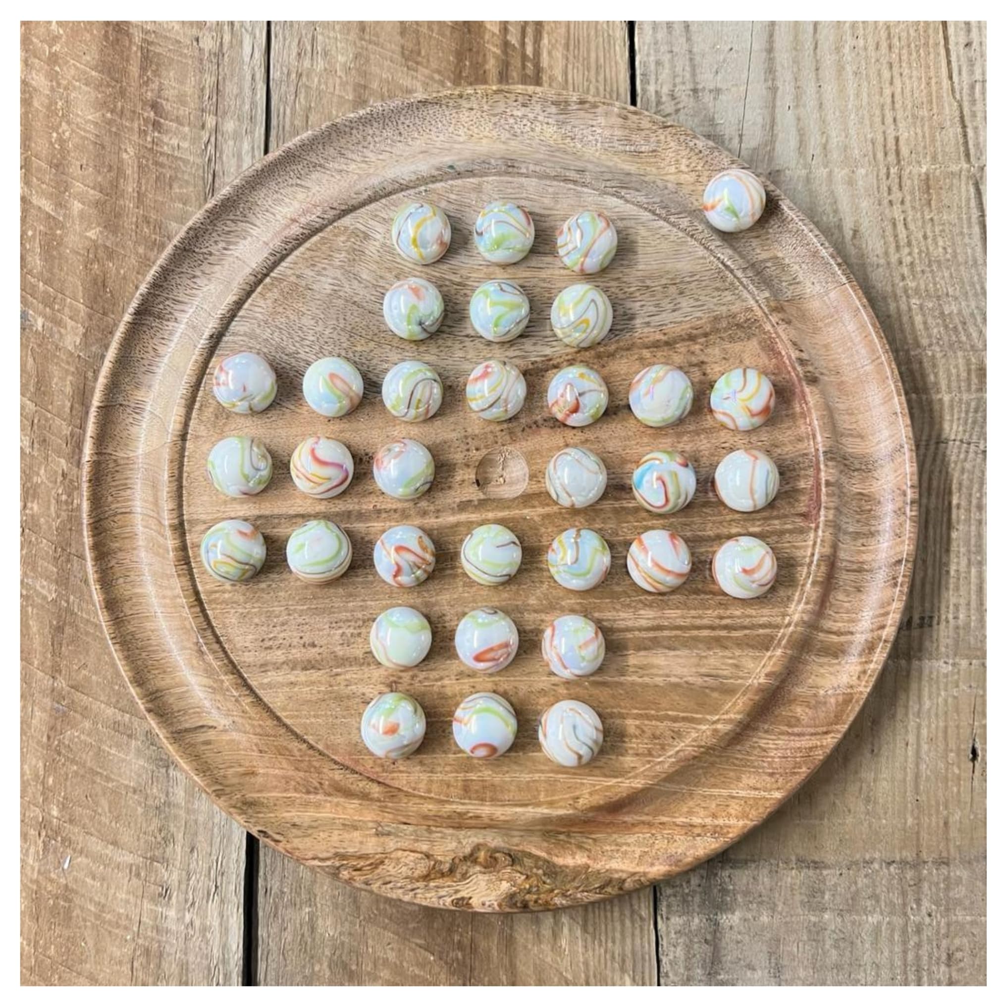 30cm Diameter MANGO WOOD SOLITAIRE BOARD GAME with PANAMERICAN GLASS MARBLES | |classic wooden solitaire game
