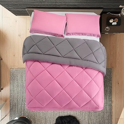 Elegant Comfort Juego de edredón reversible de 3 piezas para todas las estaciones, ultra suave, edredón alternativo al plumón, individual, rosagris