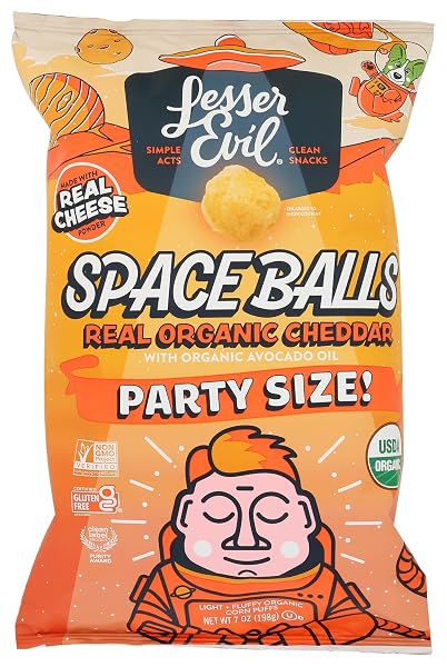 LesserEvil, Organic Real Cheddar Space Ball Puffs Party Size, 7 Ounce