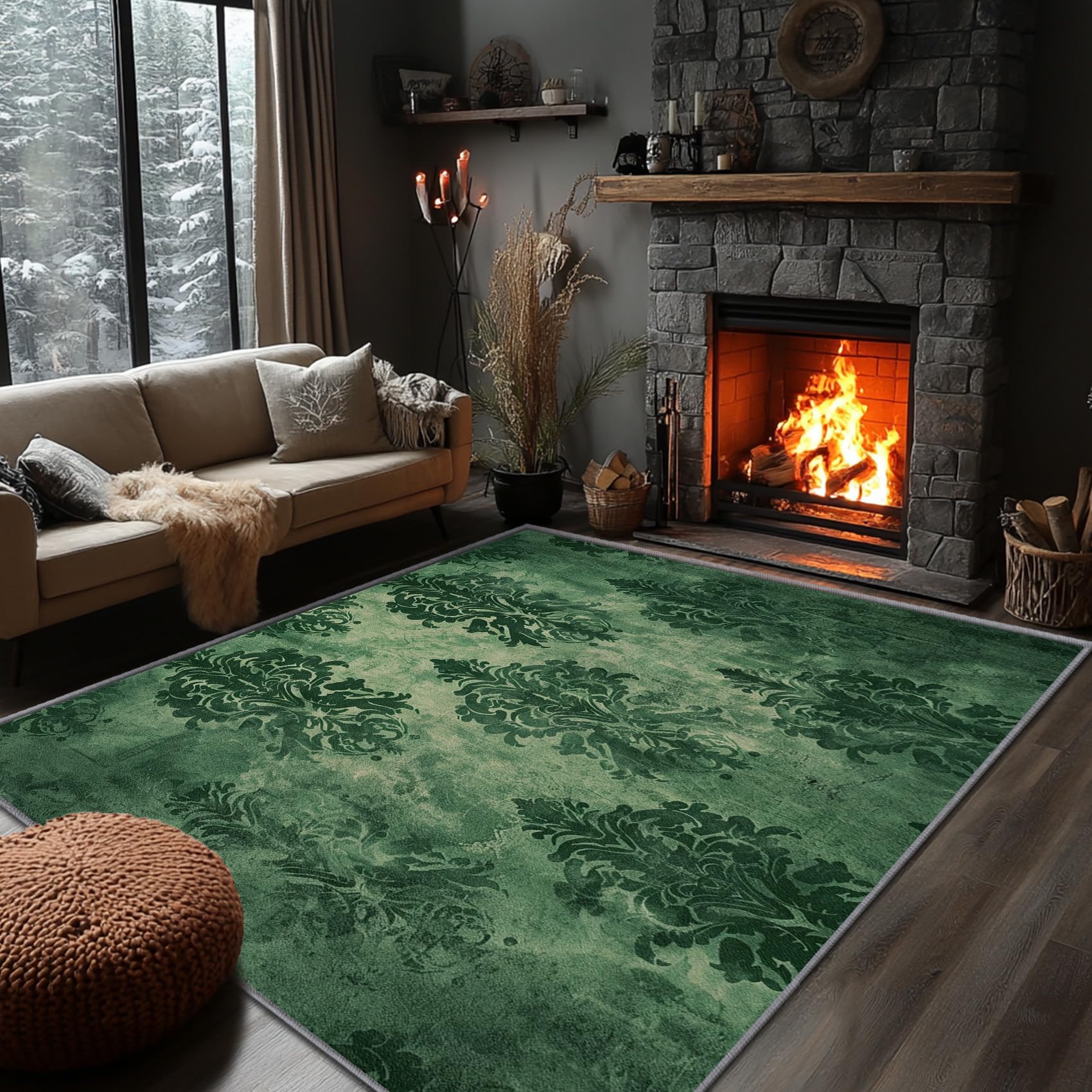 Yoozitrees Damask Rug 5x7 - Damask Rug, 3x5 Rug, Vintage Ornate Classic Floral Area Rug, Green Rustic Door Mat, Washable & Non Slip & Soft Small