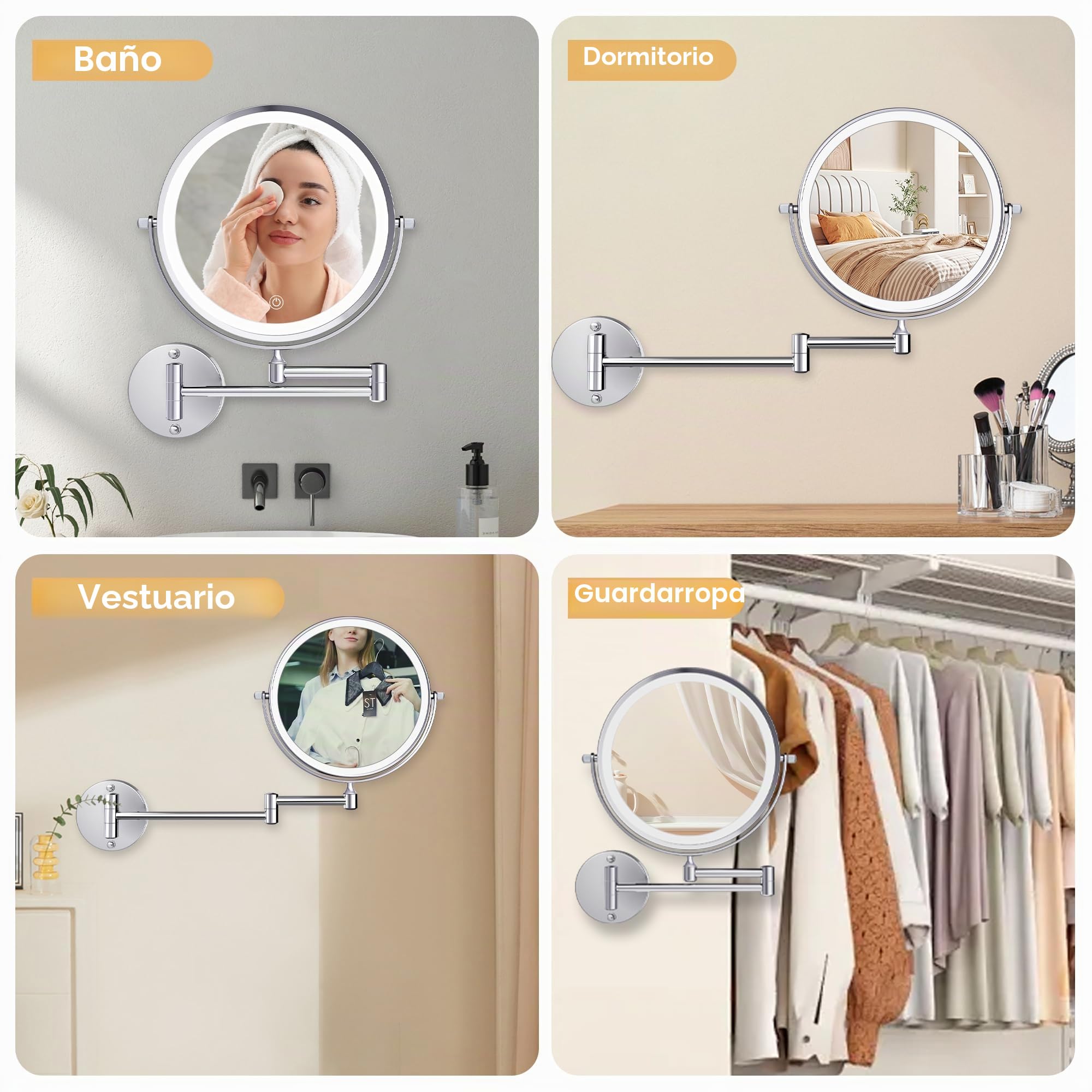 Espejo de tocador grande recargable iluminado de 9 pulgadas montado en la pared, espejo de aumento 1X/10X con luz para baño, espejo cromado montado en la pared con brazo oscilante con 3 luces de color