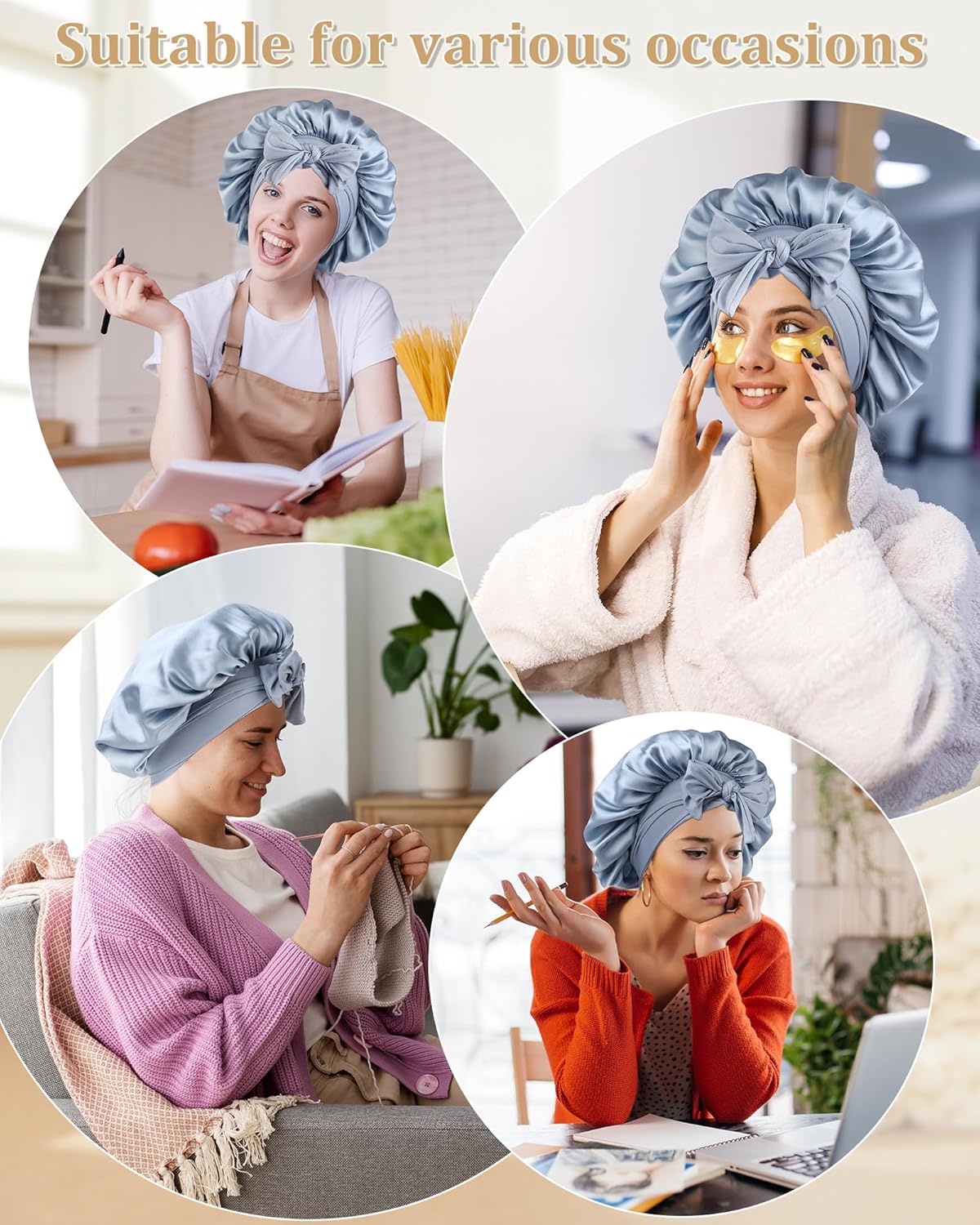 100% Mulberry Silk Bonnet for Women Hair Bonnet for Sleeping with Hair Scrunchy Elastic Tie Band Night Cap(Blue) - Image 7